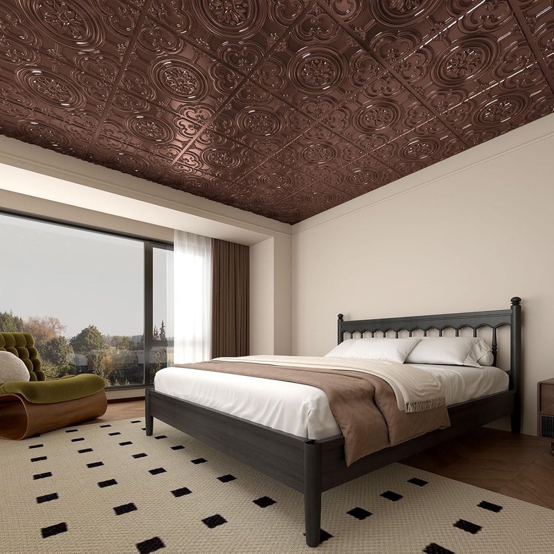 WOWSTAR 12-Pack 24"x24" Drop Ceiling Tiles, Waterproof Glue up Ceiling Panels, Antique Copper - Image 3
